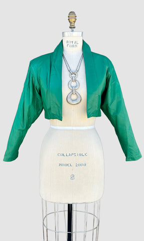 GREEN CROPPED Leather Vintage 80's Triple Bow Jacket • Women's Small