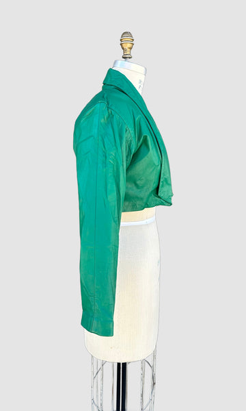 GREEN CROPPED Leather Vintage 80's Triple Bow Jacket • Women's Small