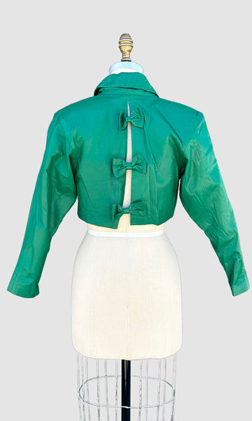 GREEN CROPPED Leather Vintage 80's Triple Bow Jacket • Women's Small