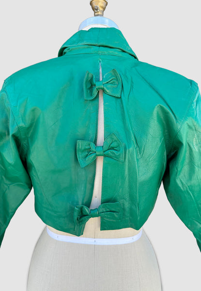 GREEN CROPPED Leather Vintage 80's Triple Bow Jacket • Women's Small