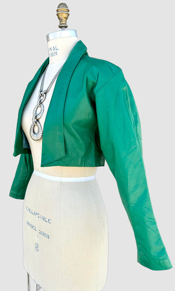 GREEN CROPPED Leather Vintage 80's Triple Bow Jacket • Women's Small
