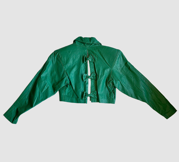 GREEN CROPPED Leather Vintage 80's Triple Bow Jacket • Women's Small