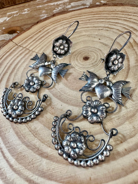DOVES IN LOVE Mexican Sterling Silver Dangle Earrings