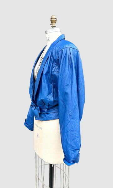 DI MONTE Royal Blue Leather Vintage 80's Blazer Jacket • Women's Sm/Med