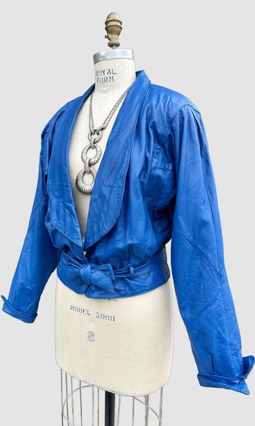 DI MONTE Royal Blue Leather Vintage 80's Blazer Jacket • Women's Sm/Med
