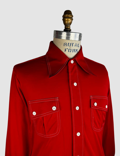 MARTINI 70s Deadstock Red Polyester Disco Shirt • Medium