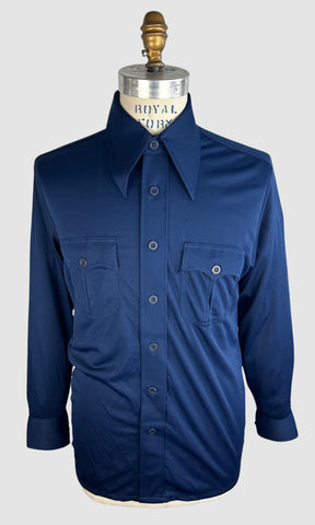 MARTINI 70s Deadstock Blue Polyester Disco Shirt • Medium