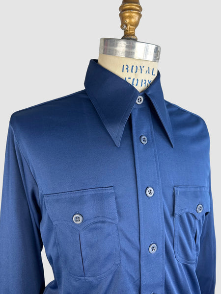 MARTINI 70s Deadstock Blue Polyester Disco Shirt • Medium