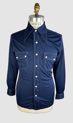 MARTINI 70s Deadstock Blue Polyester Disco Shirt • Small