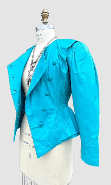 OBSSETION PEPLUM Aqua Leather Vintage 80's Peacoat Jacket • Women's Small