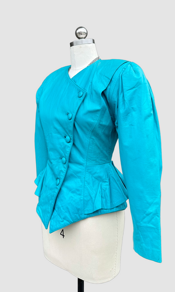 OBSSETION PEPLUM Aqua Leather Vintage 80's Peacoat Jacket • Women's Small