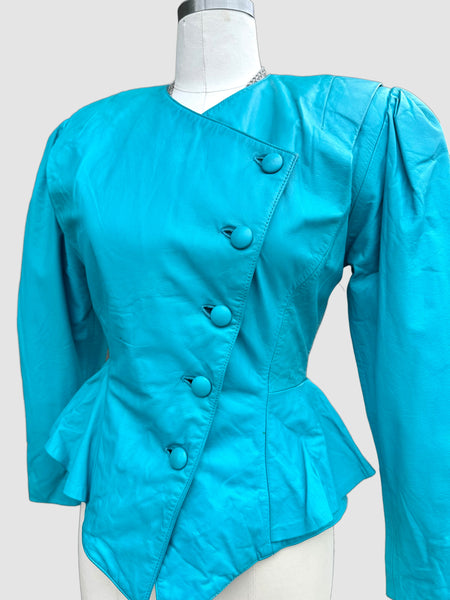 OBSSETION PEPLUM Aqua Leather Vintage 80's Peacoat Jacket • Women's Small