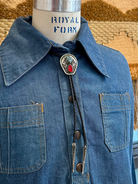 RISING PAIR Bolo Tie w/ Leather Cord, Silver Color, Likely Nickel, Turquoise & Resin