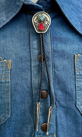 RISING PAIR Bolo Tie w/ Leather Cord, Silver Color, Likely Nickel, Turquoise & Resin