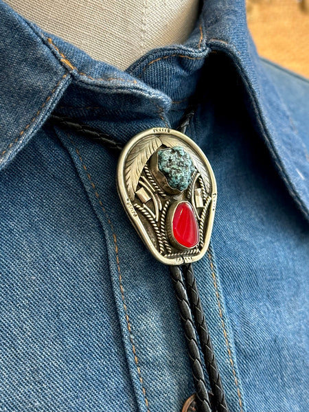 RISING PAIR Bolo Tie w/ Leather Cord, Silver Color, Likely Nickel, Turquoise & Resin