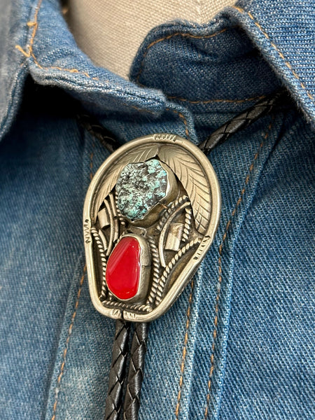 RISING PAIR Bolo Tie w/ Leather Cord, Silver Color, Likely Nickel, Turquoise & Resin