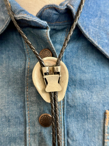 RISING PAIR Bolo Tie w/ Leather Cord, Silver Color, Likely Nickel, Turquoise & Resin