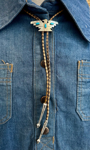 NICKEL SILVER BELL Thunderbird Bolo Tie w/ Leather Cord, Silver Color, Nickel & Turquoise