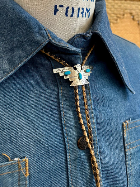 NICKEL SILVER BELL Thunderbird Bolo Tie w/ Leather Cord, Silver Color, Nickel & Turquoise