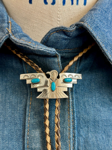 NICKEL SILVER BELL Thunderbird Bolo Tie w/ Leather Cord, Silver Color, Nickel & Turquoise