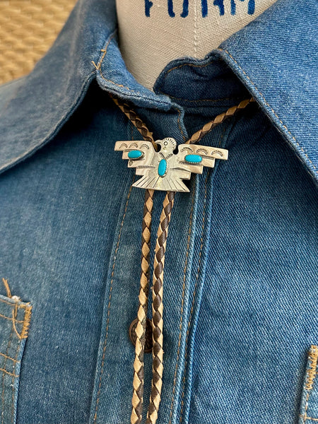NICKEL SILVER BELL Thunderbird Bolo Tie w/ Leather Cord, Silver Color, Nickel & Turquoise