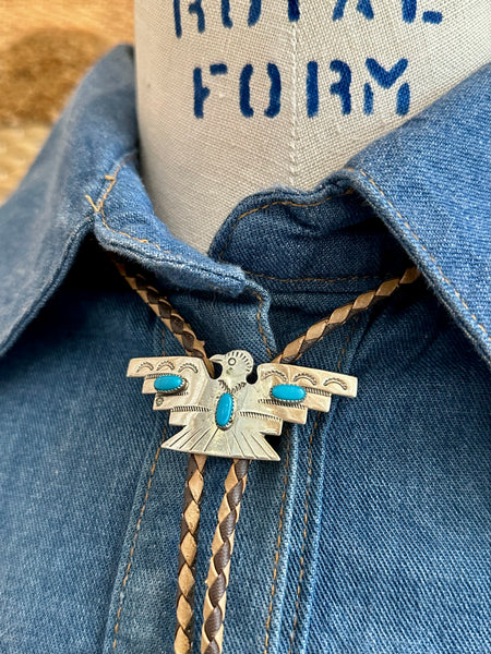 NICKEL SILVER BELL Thunderbird Bolo Tie w/ Leather Cord, Silver Color, Nickel & Turquoise