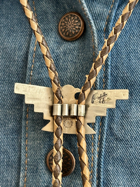 NICKEL SILVER BELL Thunderbird Bolo Tie w/ Leather Cord, Silver Color, Nickel & Turquoise