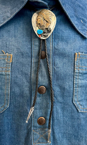 CHIEFS HEAD Bolo Tie w/ Leather Cord, Silver Color Likely Nickel, Brass, Faux Turquoise, Coral