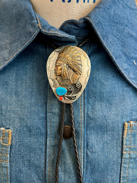 CHIEFS HEAD Bolo Tie w/ Leather Cord, Silver Color Likely Nickel, Brass, Faux Turquoise, Coral