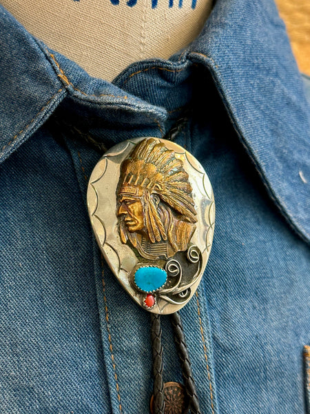 CHIEFS HEAD Bolo Tie w/ Leather Cord, Silver Color Likely Nickel, Brass, Faux Turquoise, Coral