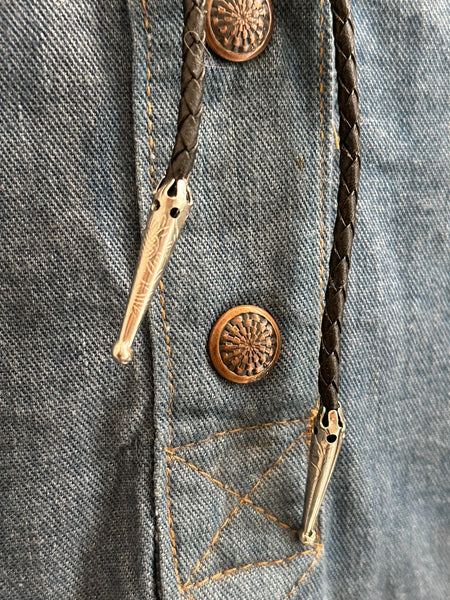 CHIEFS HEAD Bolo Tie w/ Leather Cord, Silver Color Likely Nickel, Brass, Faux Turquoise, Coral