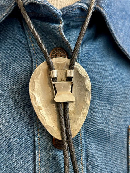 CHIEFS HEAD Bolo Tie w/ Leather Cord, Silver Color Likely Nickel, Brass, Faux Turquoise, Coral