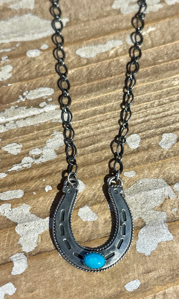 HAROLD TAHE NAVAJO Silver & Turquoise Horseshoe Necklace 26N05
