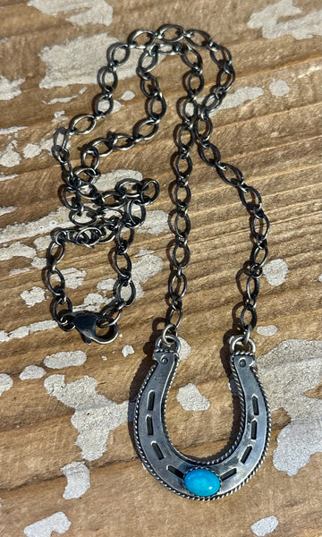 HAROLD TAHE NAVAJO Silver & Turquoise Horseshoe Necklace 26N05