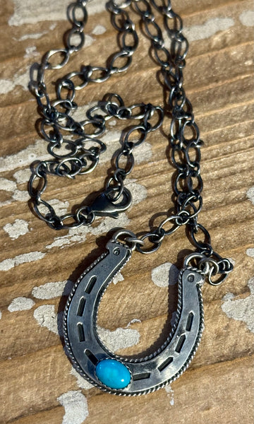 HAROLD TAHE NAVAJO Silver & Turquoise Horseshoe Necklace 26N05