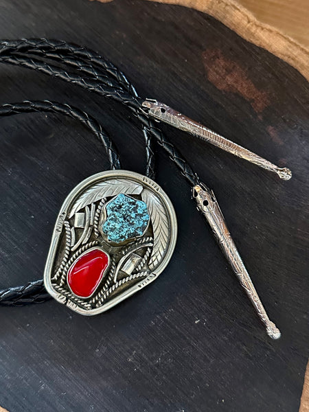RISING PAIR Bolo Tie w/ Leather Cord, Silver Color, Likely Nickel, Turquoise & Resin