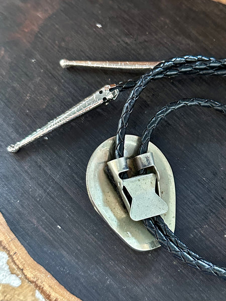 RISING PAIR Bolo Tie w/ Leather Cord, Silver Color, Likely Nickel, Turquoise & Resin