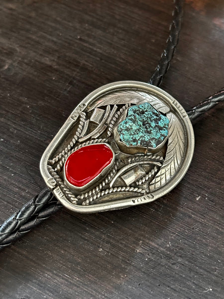 RISING PAIR Bolo Tie w/ Leather Cord, Silver Color, Likely Nickel, Turquoise & Resin