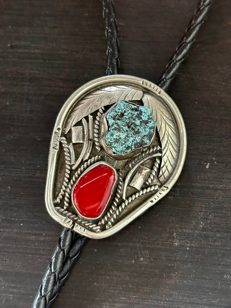 RISING PAIR Bolo Tie w/ Leather Cord, Silver Color, Likely Nickel, Turquoise & Resin