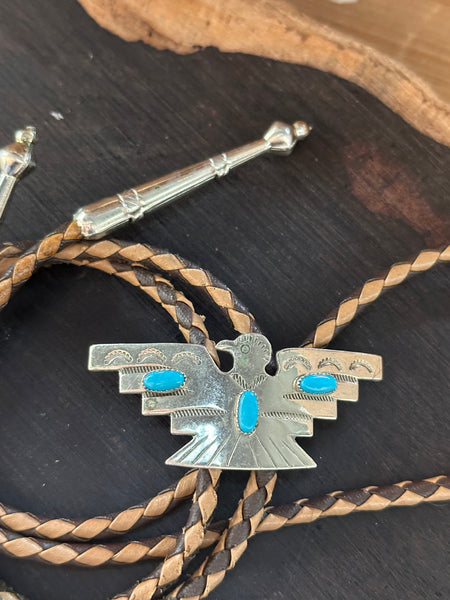 NICKEL SILVER BELL Thunderbird Bolo Tie w/ Leather Cord, Silver Color, Nickel & Turquoise