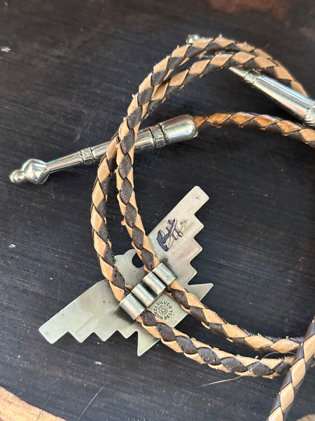 NICKEL SILVER BELL Thunderbird Bolo Tie w/ Leather Cord, Silver Color, Nickel & Turquoise