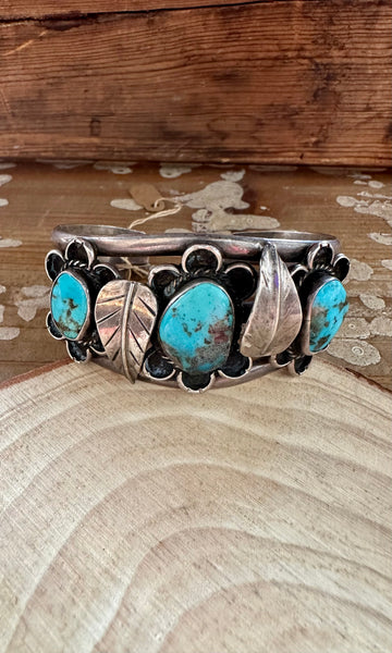 APPLIQUE FLOWER CUFF Navajo Turquoise Sterling Silver Cuff 54g