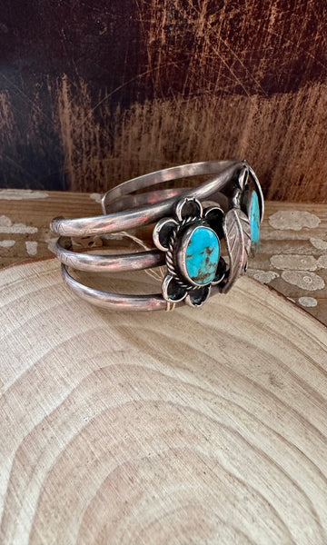 APPLIQUE FLOWER CUFF Navajo Turquoise Sterling Silver Cuff 54g