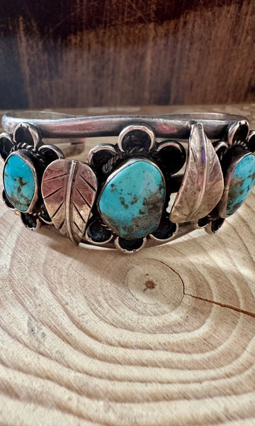 APPLIQUE FLOWER CUFF Navajo Turquoise Sterling Silver Cuff 54g