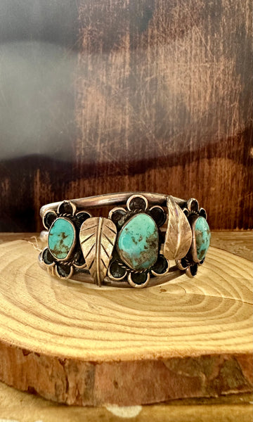 APPLIQUE FLOWER CUFF Navajo Turquoise Sterling Silver Cuff 54g