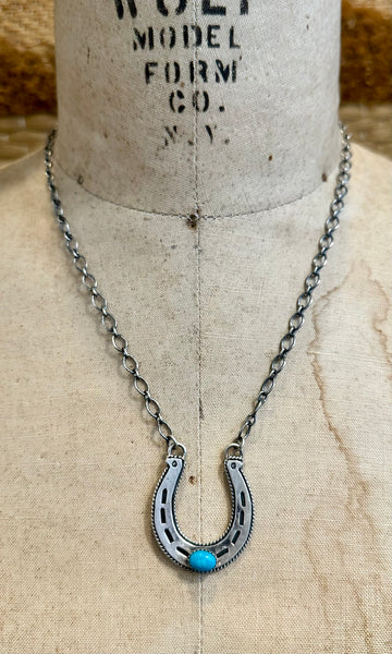 HAROLD TAHE NAVAJO Silver & Turquoise Horseshoe Necklace 26N05