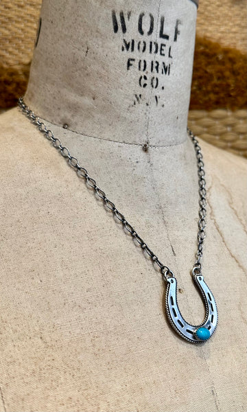 HAROLD TAHE NAVAJO Silver & Turquoise Horseshoe Necklace 26N05