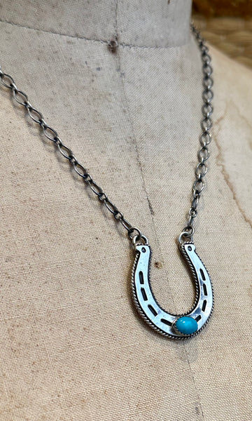 HAROLD TAHE NAVAJO Silver & Turquoise Horseshoe Necklace 26N05