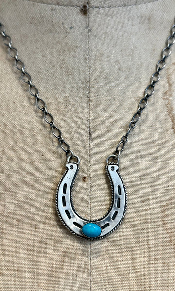 HAROLD TAHE NAVAJO Silver & Turquoise Horseshoe Necklace 26N05