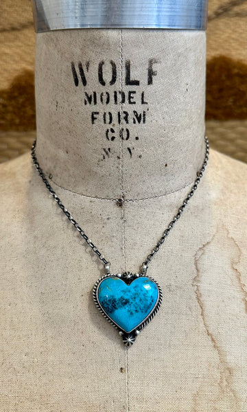 JOHNNY DIXON Navajo Silver & Kingman Turquoise Heart Necklace
